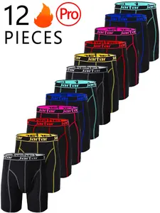 12-Piece Men's Colorful Waistband Extended Briefs, Comfortable High Elasticity Stretch Long-Length Boxer Shorts, All-Season Casual Fitted Underwear