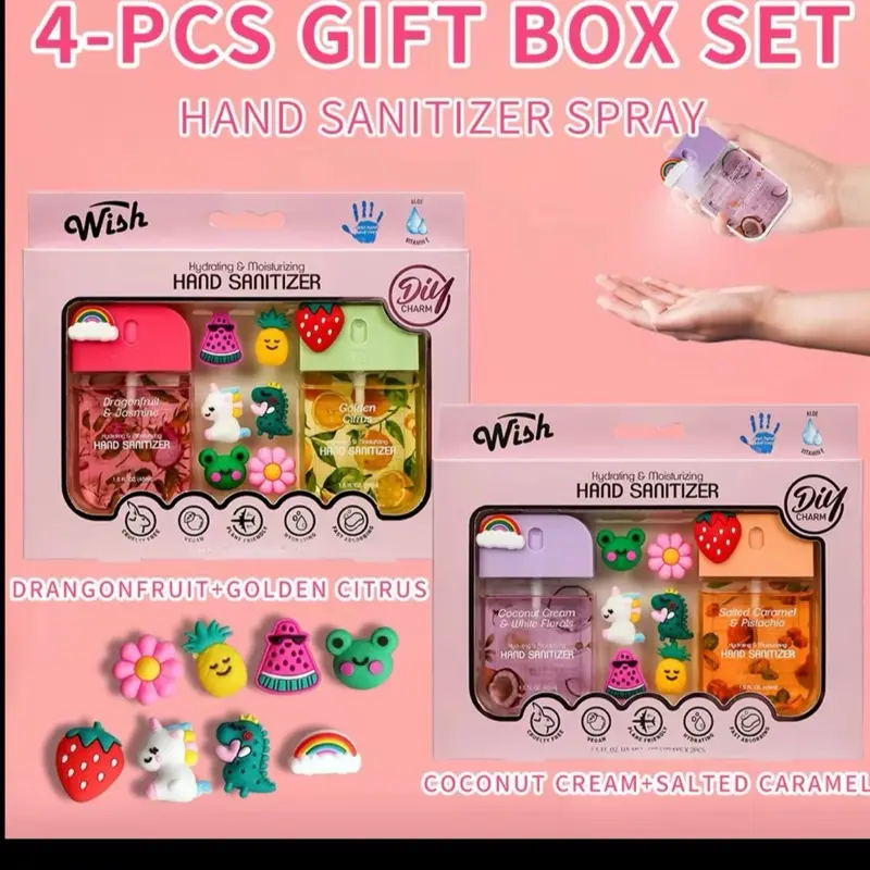 Wish Gift Box Set Power Mist Hydrating Hand Sanitizer Spray 1.5 fl oz Cute Portable Travel Size DIY Gift for Children Aroma Hygiene Products with Dragonfruit Golden Citrus & Coconut Cream Salted Caramel Scents