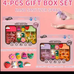 Wish Gift Box Set Power Mist Hydrating Hand Sanitizer Spray 1.5 fl oz Cute Portable Travel Size DIY Gift for Children Aroma Hygiene Products with Dragonfruit Golden Citrus & Coconut Cream Salted Caramel Scents