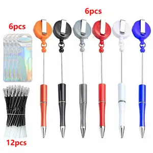 6 Set DIY Retractable Badge Reel Beadable Pens with 12 Pen Refills 6 Ballpoint Pens 6 Pen Bags Plastic DIY Bling Pens Cool Shaft Beaded Pen Black Ink for Nurse Office Workers