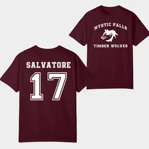 The Vampire Diaries Inspired T-Shirt, Mystic Falls Salvatore 17 Graphic Tee with Front & Back Print, Casual Streetwear Fan Apparel Top