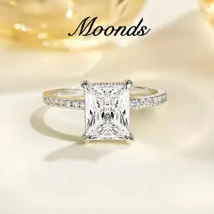 Gold ring, silver ring, diamond ring, rectangular white diamond four-prong ring, women's ring, women's jewelry, couple's gift