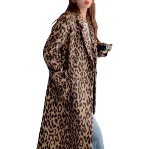 Womens Leopard Long Wool Trench Coat Notched Lapel Double Breasted Pea Coat Winter Warm Overcoat