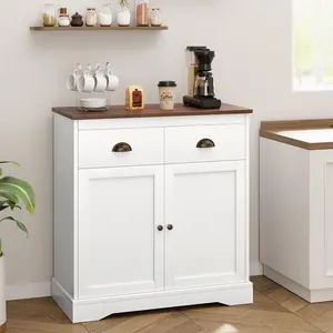White Farmhouse Look Sideboard Kitchen Cabinet with Storage, 2 Doors, 2 Drawers, Adjustable Shelves, Engineered Wood Coffee Bar, for Dining Room and Living Room
