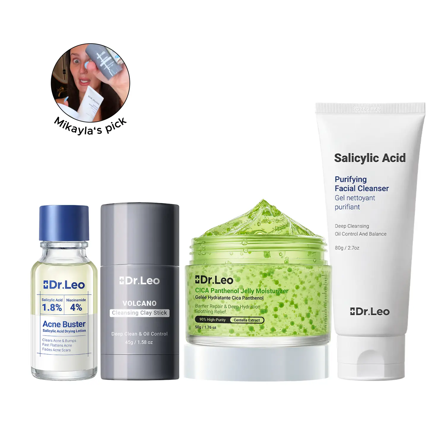 [Mikayla Picks] Dr.Leo 4-Step Acne Care Kit for Oily & Sensitive Skin - Barrier Repair Set with Salicylic Acid, Detox Charcoal Clay Stick, CICA Moisturizer & Spot Treatment, Hyaluronic Acid, Lightweight #sohochic