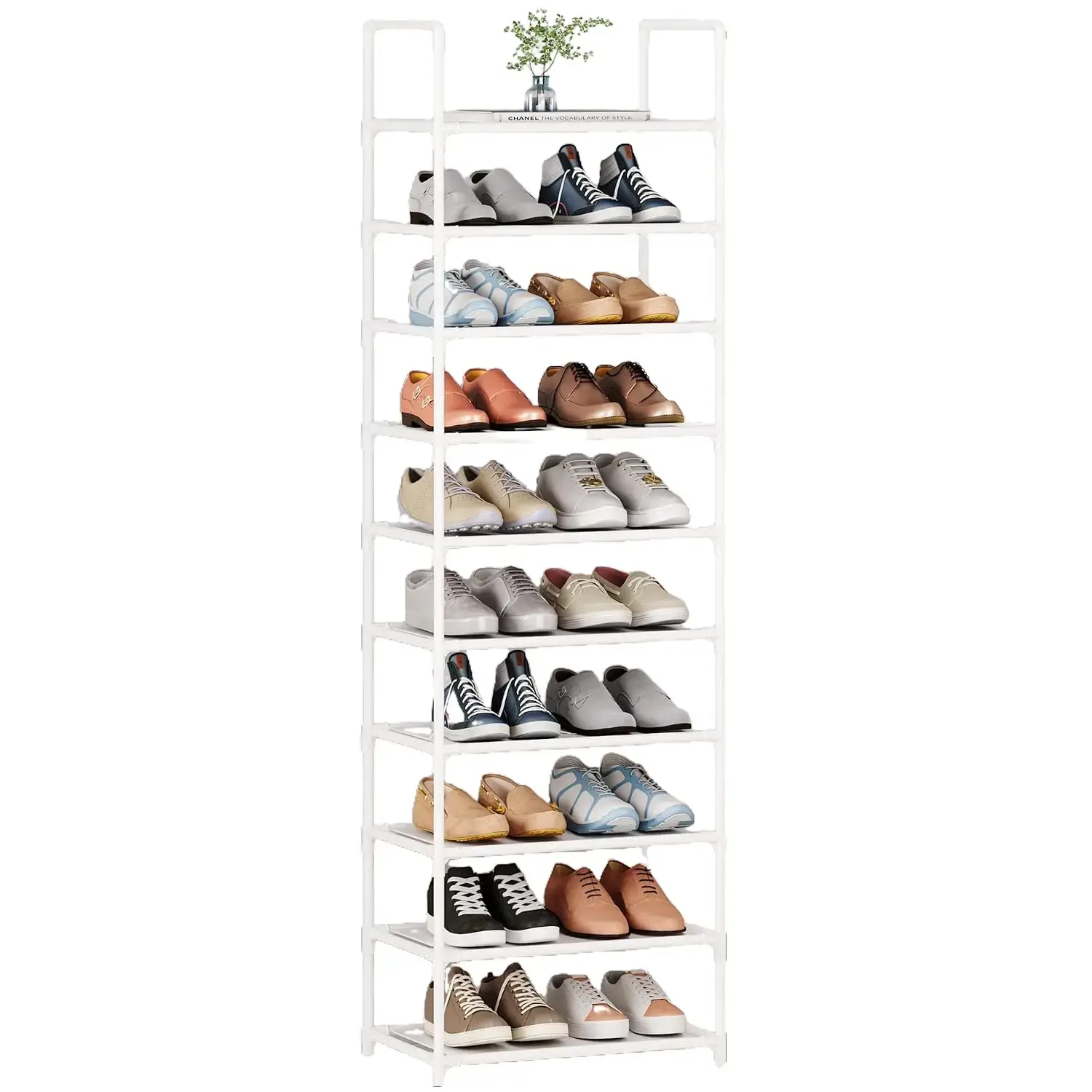 White & Black 10-Tier Adjustable Shoe Rack Organizer - 17.2" W×10" D×72.8" H Tall Storage Stand for Closet