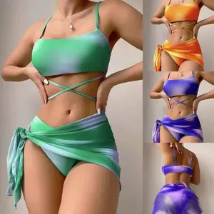 2025 New Three-Piece Set Bikini Gradient Color Straps Gather Beach Vacation Swimsuit Floral Print Tie Back Cami Dress fashion one-piece brazilian women halter