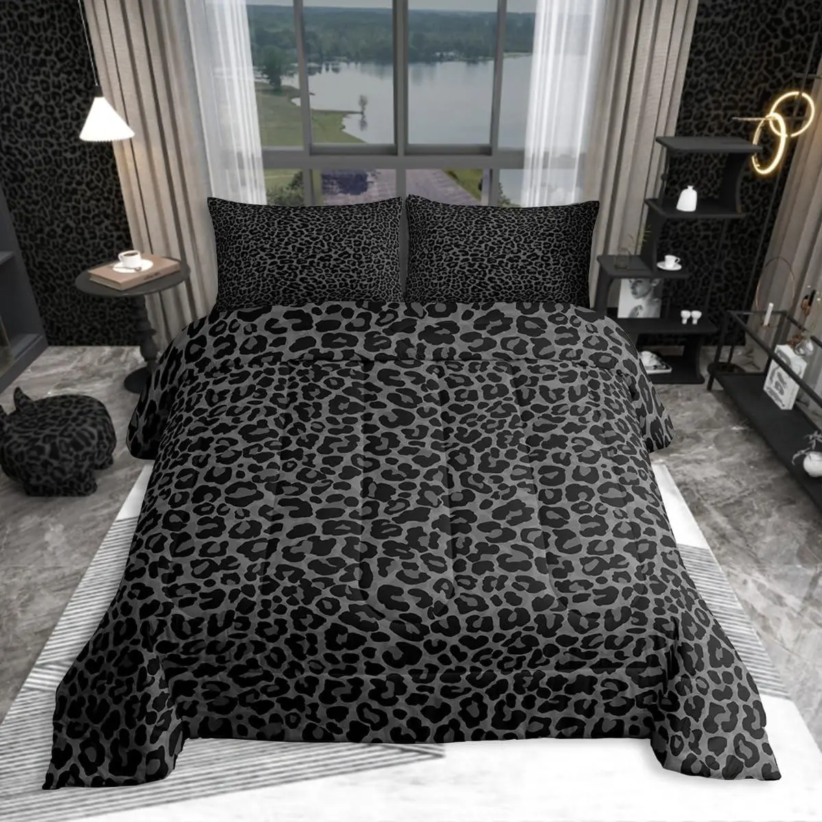 Feelyou Cheetah Duvet Set - Soft Black & Grey Microfiber Bedding, Breathable Lightness Animal Style, Queen/King Sizes, All-Season Use, Bedroom Decor Ideas, Queen Comforter Set