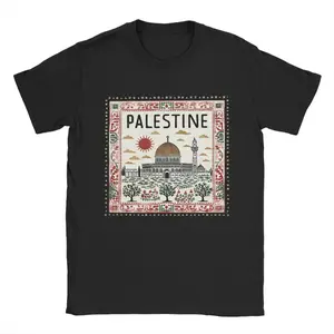 Funny Palestine Mosque Stamp T-Shirt for Men Round Collar Pure Cotton T Shirts  Short Sleeve Tees Graphic Printed Clothing