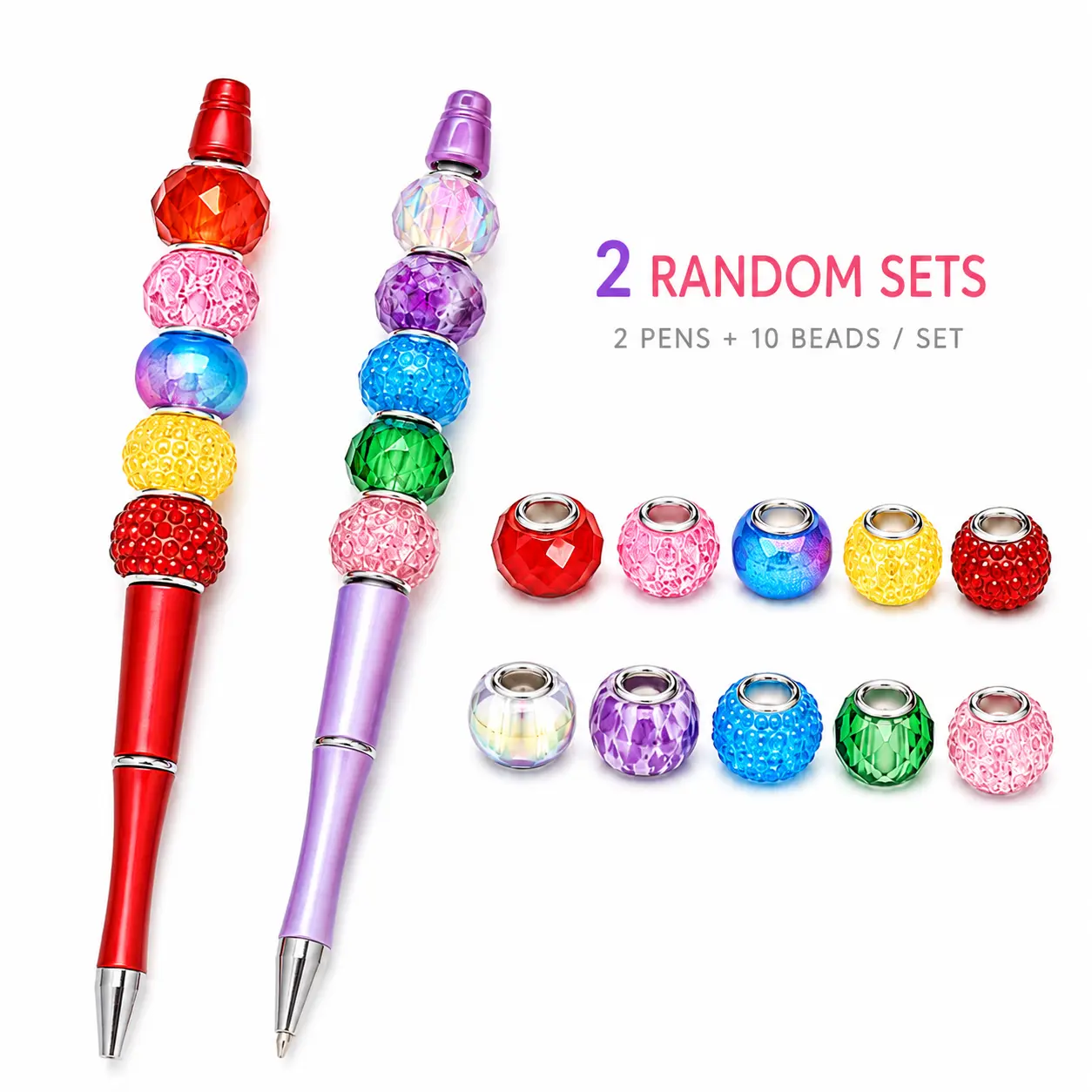 2-Pack DIY Beaded Pen Kit, 24 Pieces Total with 4 Beadable Pens and 20 Assorted Color Beads, Personalized Ballpoint Pen Craft Set for School Office Gifts