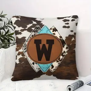 Personalized Initial W Cowhide Pattern Throw Pillow, 18x18 Inch Decorative Cushion, Soft Fabric, for Sofa Couch, Bedroom, Living Room, Cowboy Aesthetic Home Decor, Pillow Insert Included