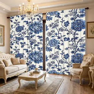 2-piece set of new Chinese blue and white porcelain curtains, durable semi transparent polyester material curtains that can be washed with water, suitable for bedrooms/living rooms/study rooms, and are ideal curtains for home decoration, Window Curtain