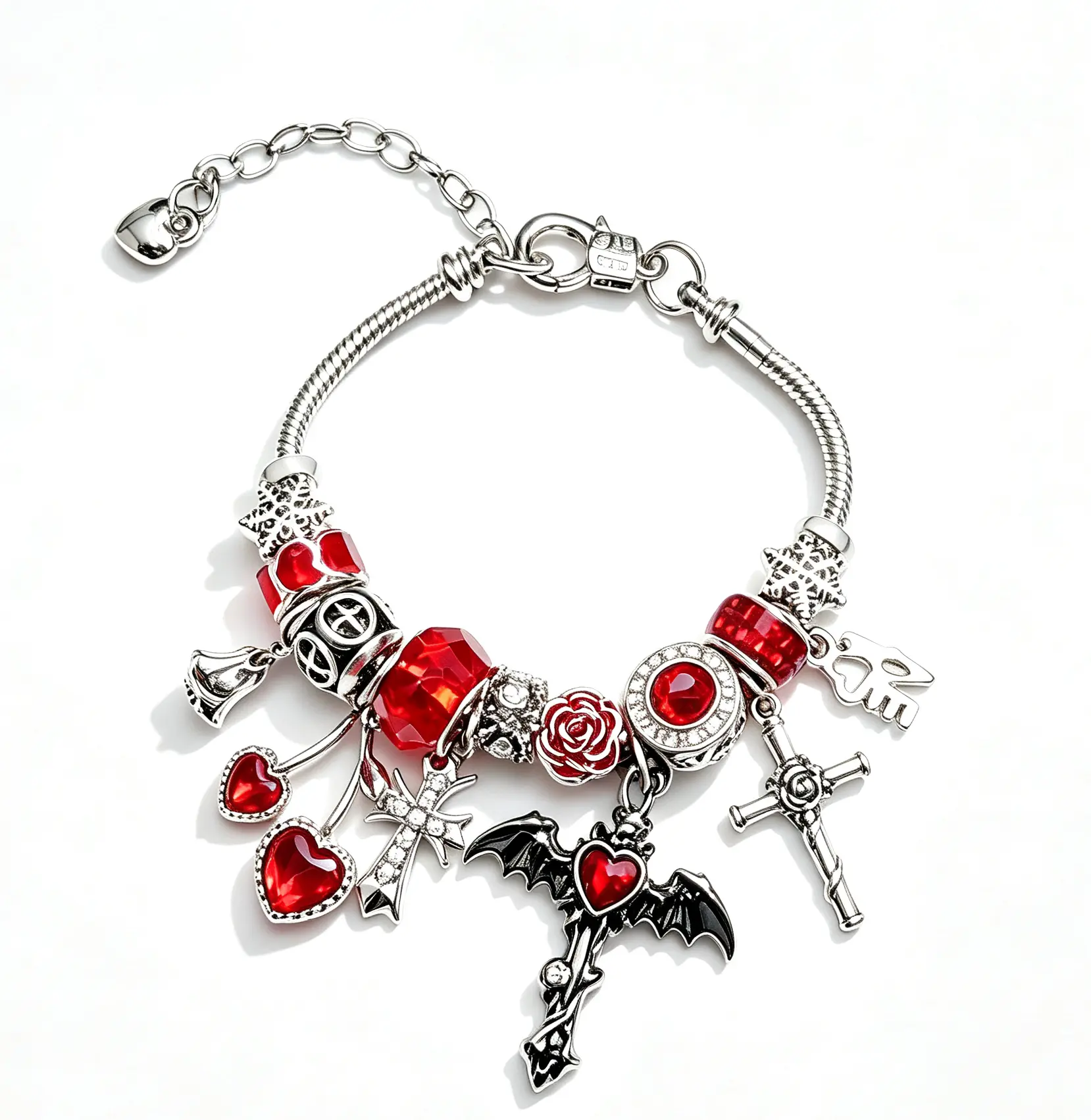 Gothic Bat Cross Red Heart Charm Bracelet, Vintage Silver Snake Chain Adjustable Bracelet with Rose Crystal Beads, Punk Dark Aesthetic Jewelry Gift for Women Halloween