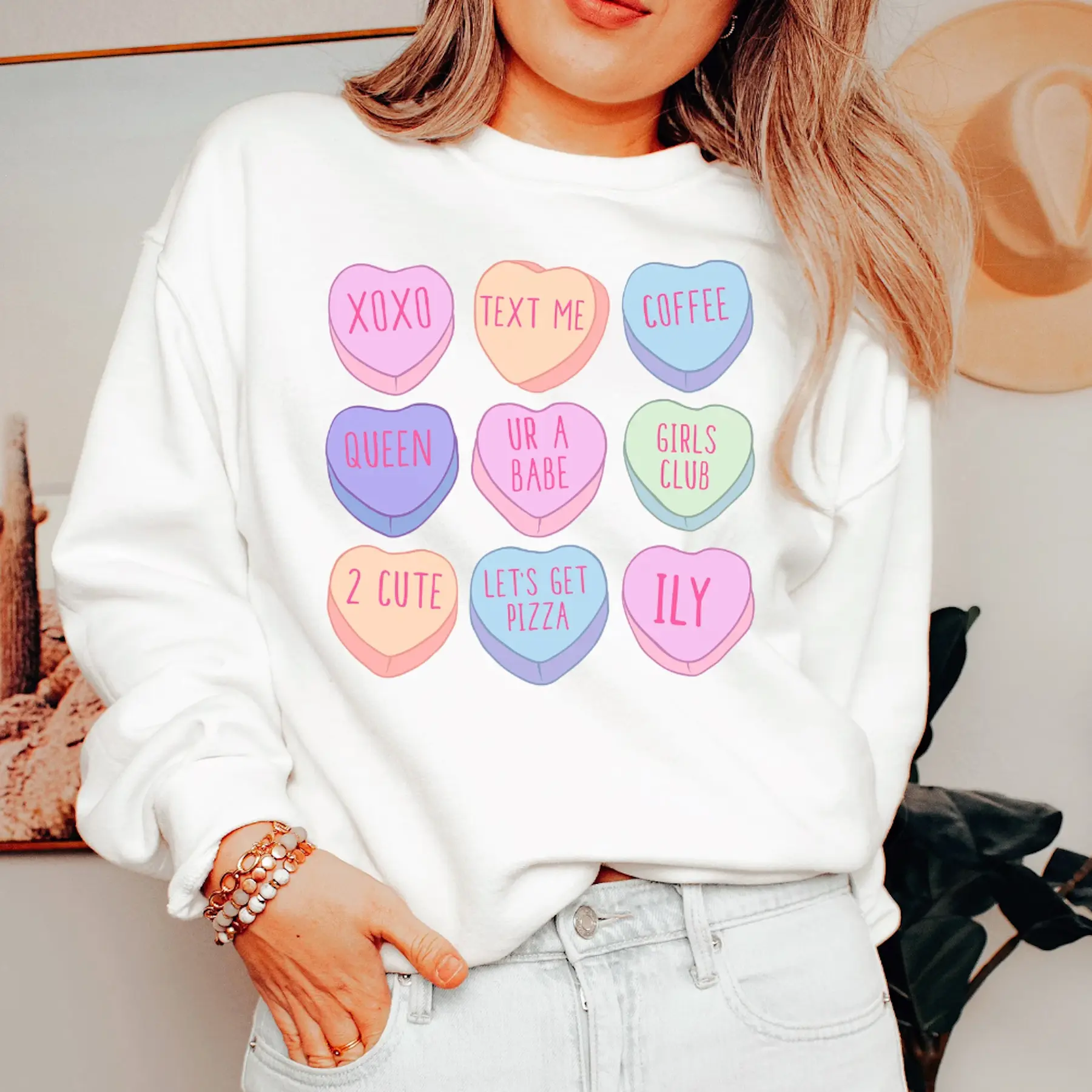 Women's Colorful Grid Graphic Fit Pullover "Candy Hearts" Crewneck Sweatshirt, Polyester, Lady