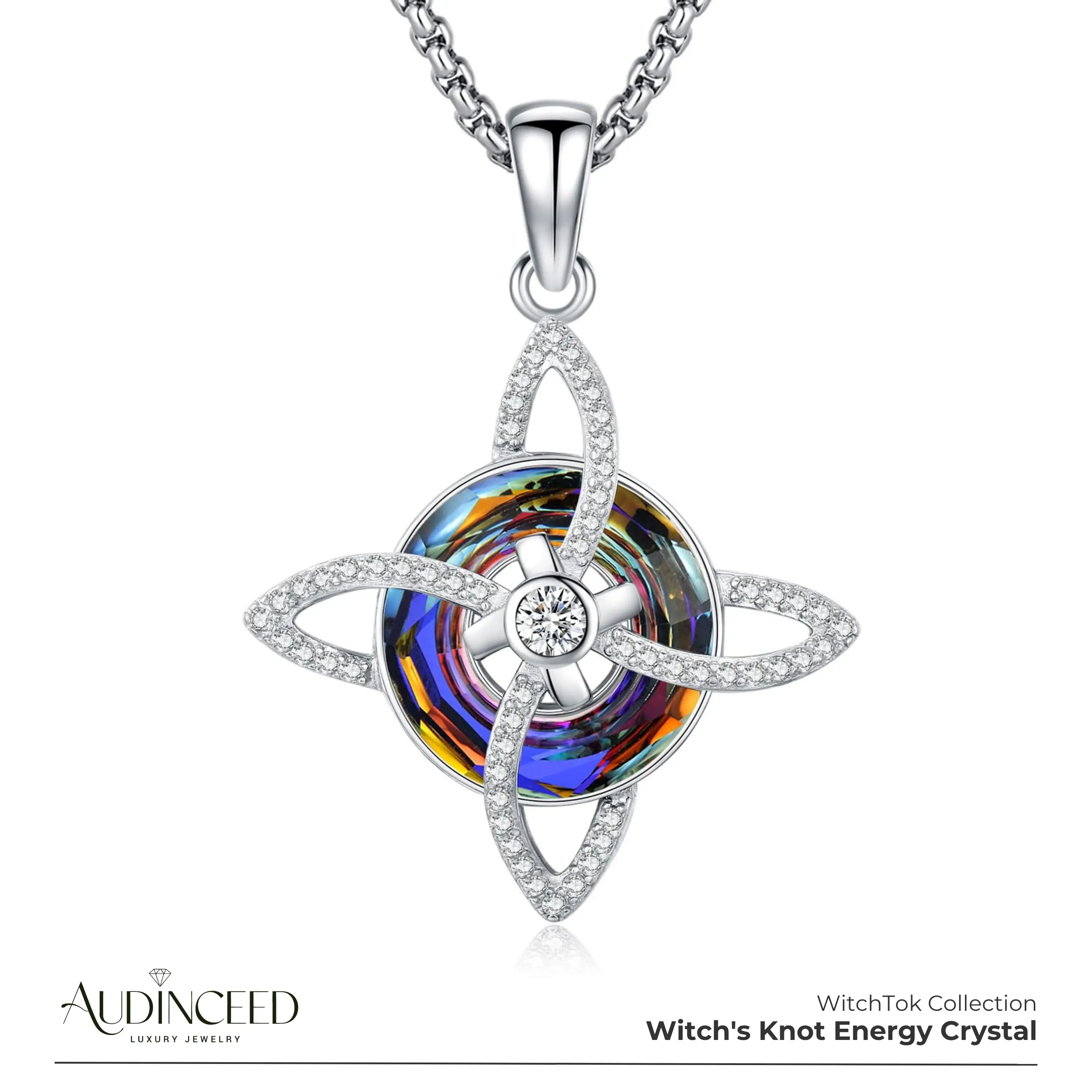 Audinceed Witch's Knot Crystal Necklace, S925 Sterling Silver Cosas Nudo De Bruja Plata 925 Pagan Wiccan Witch Witches Knot Spiritual Healing Crystal