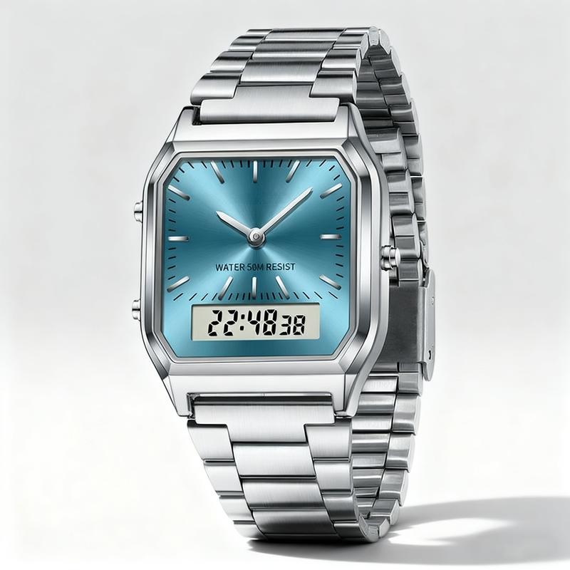 Stainless Steel Digital Sports Watch With Led Dual Display Unisex Water Resistant Quartz Wristwatch