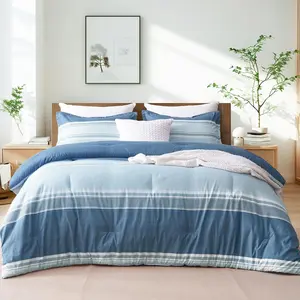 Queen Comforter - 3 Striped Comforter Sets, Sky Blue Stripe Fluffy Bed for, 1 Lightweight Comforter (90"x90") and 2 Pillowcases (20"x26")