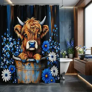 1/4pcs Highland Cow Bathroom, Restroom Set - Waterproof Shower Curtain Sets with Blue Bucket Flowers, Matching Toilet Lid Cover, Rectangular Bath Mats, Rustic Charm for Spring Easter Home Decor - Festive Cow & Floral Themed Bathroom Decoration Accessorie