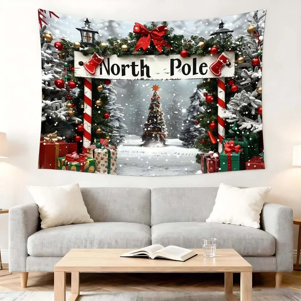 1pc North Pole Christmas Tapestry: Cozy Holiday Decor for Living Rooms and Bedrooms with Festive Snowy Scene and Colorful Gifts, Perfect Wall Fabric Decoration to Create a Winter Wonderland Ambiance.
