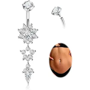 14G Titanium Dangle Belly Button Rings for Women CZ Round Belly Rings Internally Threaded Flower Navel Ring Hypoallergenic Curved Barbell Belly Piercing Jewelry