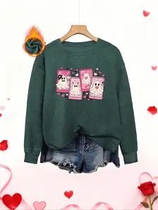 Cute Heart Ghost Cardigan Fall Winter Women's Round Neck Faux Fur Top, Soft Plush Thick Warm, Fun Ghost Print, Casual Style