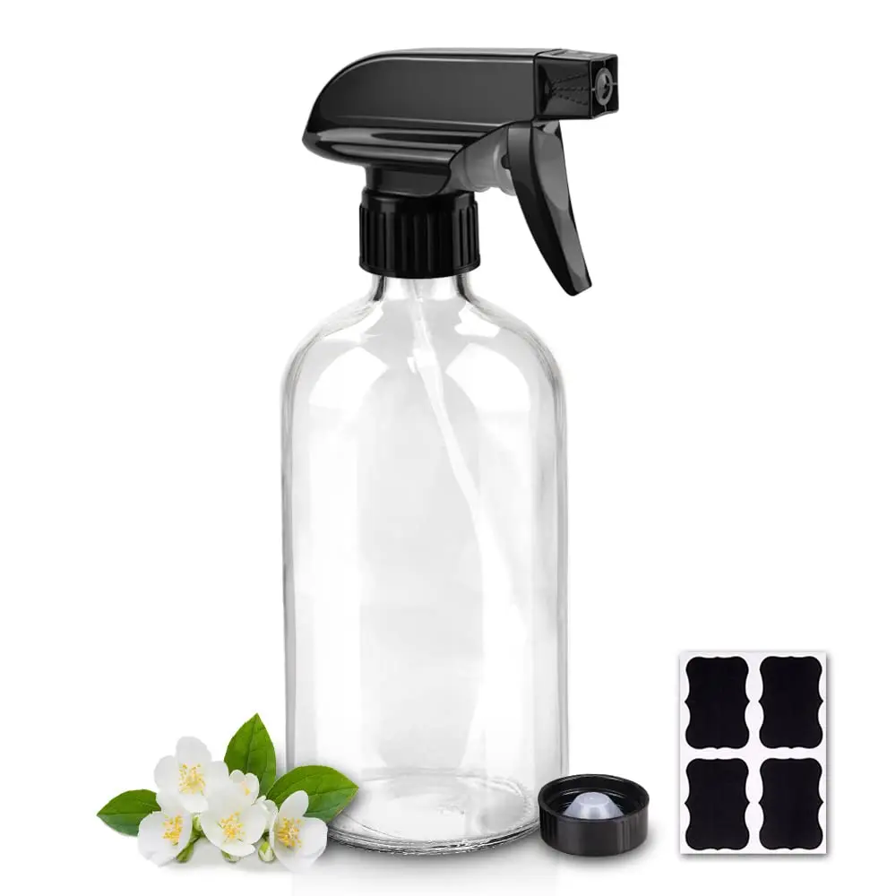 Glass  Bottles, 16oz Refillable Containers, Empty Boston Round Bottles with Labels & Adjustable Nozzle for Cleaning, Gardening, , Pets, , Hair -Clear (1 Pack)