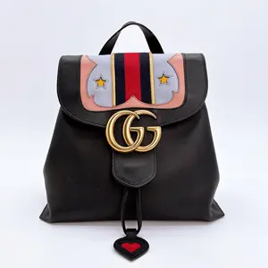 Pre-owned GUCCI leather Backpacks Calfskin Web GG Marmont Flap Chain Backpack Black bag