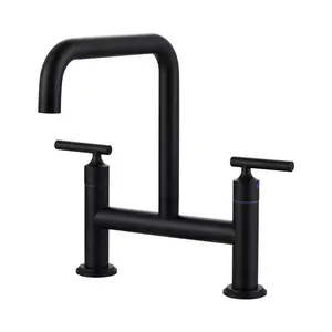WOWOW Double Handle 2-Hole Solid Brass Bridge Kitchen Faucet with 360° Rotation Spout in Matte Black