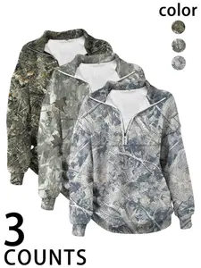 Women's Street Vintage Camouflage Full Print Half Zip Long Sleeve Hoodie, Loose Fit Drop Shoulder, Fall & Winter Casual Wear