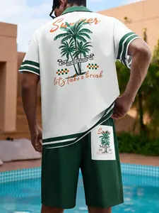Men's Summer Beach Two-Piece Set, Palm Tree Print Bowling Shirt & Shorts Outfit, Boho Button Front Shirt & Pocket Drawstring Shorts for Daily Beach Vacation, Summer Outfits Set for Men