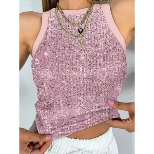 Camouflage Pattern O-neck Sleeveless Sequin Tank Contrast Binding Slim Fitted Top（gift） Fabric Womenswear