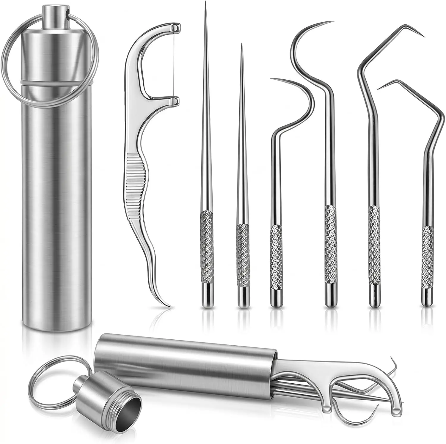 7 Pcs Stainless Steel Toothpick Set Keychain Reusable Metal Toothpicks for Teeth - Keychain with Toothpick Travel Toothpick with Storage Box, Portable Dental Cleaning Kit Suit for Home, Office, Travel