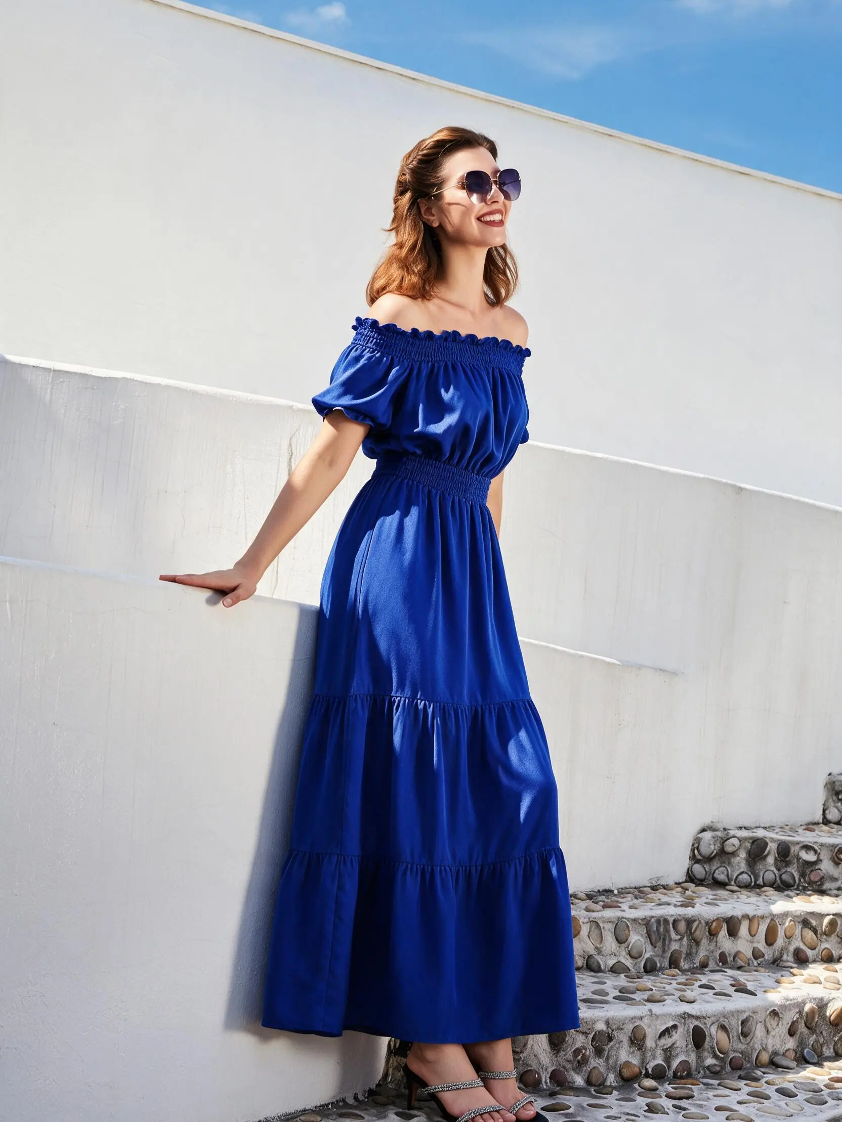 Women's Off-Shoulder Smocked Elastic Waist Tiered Ruffle Maxi Dress - Casual Summer Vacation Beach Wear Women's Off-Shoulder Smocked Elastic Waist Tiered Ruffle Maxi Dress - Casual Summer Vacation Beach Wear