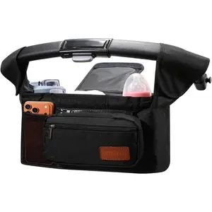 Universal Stroller Organizer with Insulated Cup Holder and Removable Wrist Strap Large Capacity Stroller Organizer for Mom, Baby Joggers, Uppaby, Britax, BOB, Umbrella and Pet Stroller (Black)