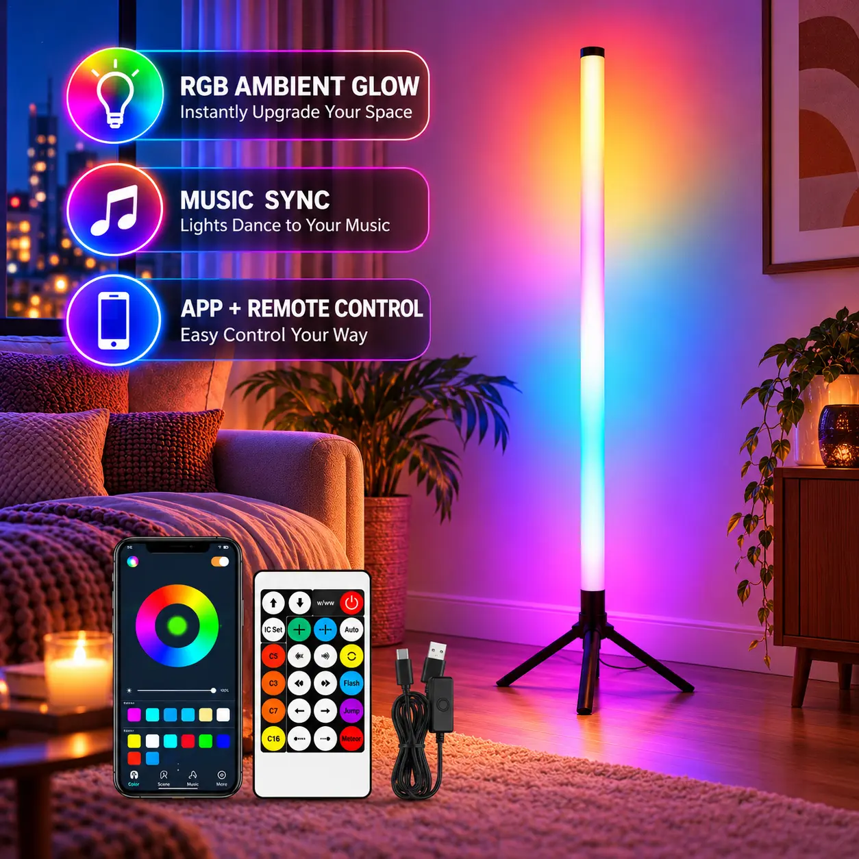 RGBIC Music Sync Corner Floor Light, Color Changing LED Atmosphere Lamp with App & Remote Control, Adjustable Brightness, Dynamic Effects and Timer for Gaming, Party, Bedroom & Living Room