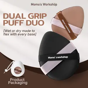 Momo's Workshop Puff Cushionaires Dual Grip Puff Duo, Dual-Sided Wet & Dry Use, Oil-Absorbing, Foundation-Saving, Perfect for Acne-Prone & Uneven Skin, Travel Friendly, Storage Case