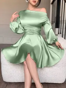 Mint Green Off-Shoulder Satin Mini Dress with Puff Sleeves and Ruched Waist