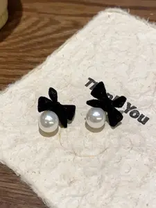 Elegant Velvet Bow Pearl Earrings, Fashion Earring, Silver Color Studs, Butterfly Design, Perfect Party Jewelry Gift for Women