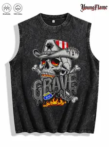 Vintage Acid Wash Flaming Skull Route 66 Graphic Tee Biker Americana Streetwear Y2K Clothing Summer Tank Top