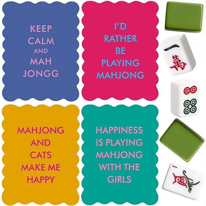 PVC Colored Mahjong Shuffle Cards Set of 4, Wavy Scalloped Edges, Cute Proverbs, Fun Kid-Friendly Mahjong Accessories for Card Games