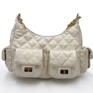 Urban Expressions Janette Quilted Shoulder Bag Chic Multi-Pocket Style in Glossy Cream with Gold-Tone Hardware for Everyday Use