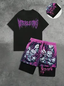 Men's Interesting Skull Graphic Print Tee & Double-Layer Mesh Shorts Set, Casual Fitted Fashion Streetwear, Dark Color, Perfect for Daily Wear