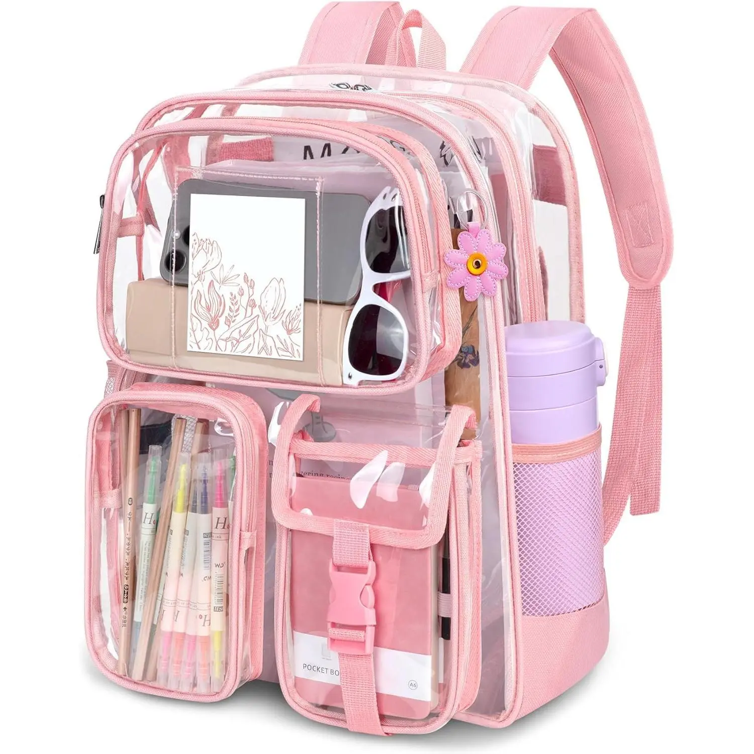 Pink Clear Backpack  Heavy Duty Pvc Bag For Stadium Events Transparent With Reinforced Straps & Stitches Large Capacity Bookbag School Travel College Work