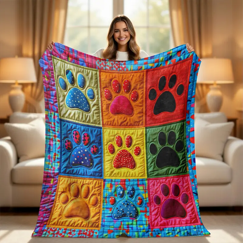 Colorful Dog Paw Print Flannel Throw Blanket, Cute Quilt Style Pet Lover Fleece Blanket, Rainbow Dopamine Decor Gifts for Dog Cat Moms, Soft Cozy Plush Blanket for Couch Bed