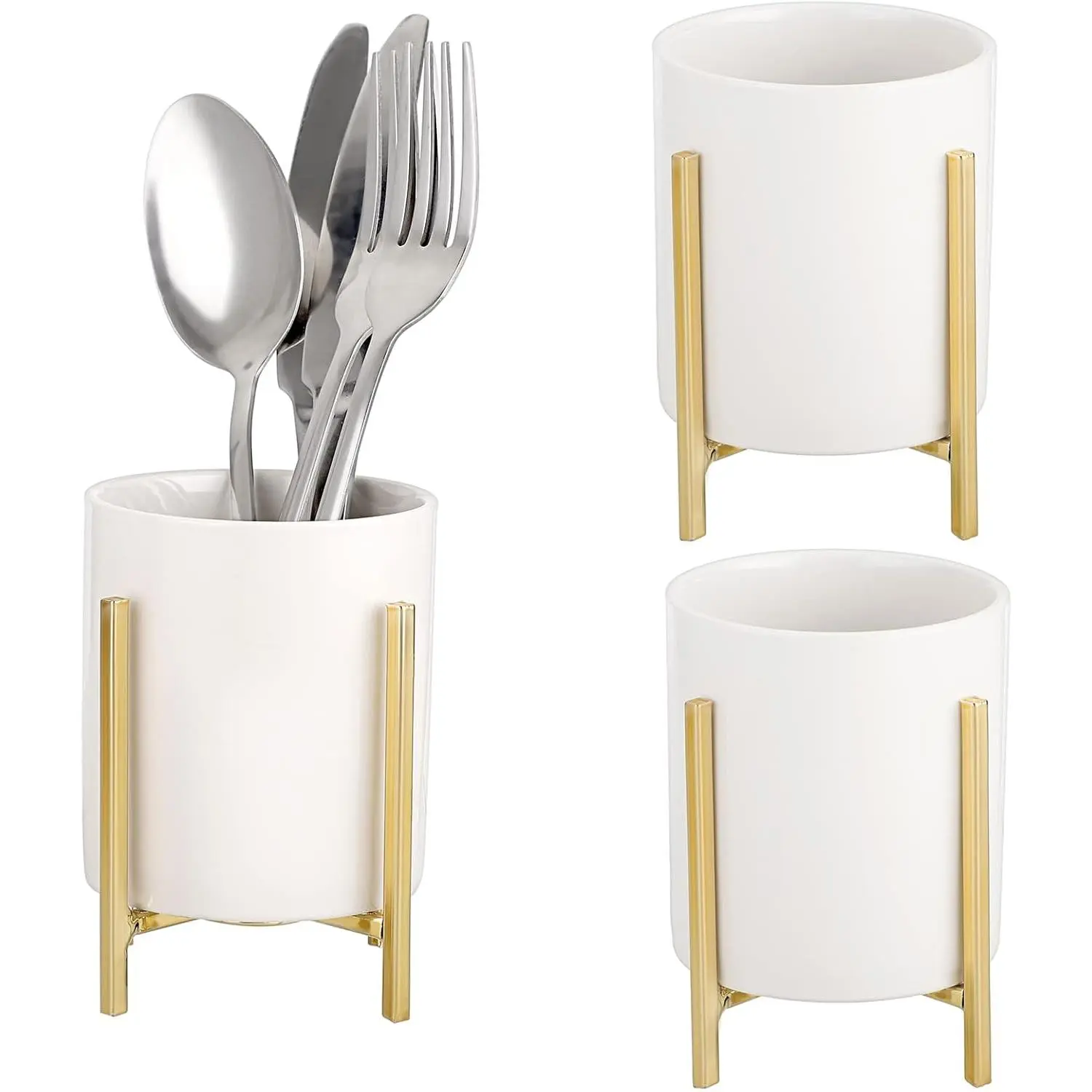 Pack of 3 Ceramic Silverware Holder For Party Table, White Cutlery Holder Holder With Golden Metal Bracket, Small Flatware Caddy Organizer Utensil Holder Organizer for Kitchen Dining Tables