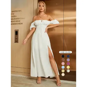 Women'S Off The Shoulder Ruched Tie Front Split Thigh Slit Dress, Elegant Puff Sleeve A Line Long Dress For Party Holiday Dating Wear, Chic Milkmaid Dress, Ladies Summer Clothes Fit