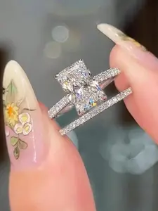 2pcs Style Fashion Zinc Alloy Inlaid Rectangular Cubic Zirconia Decor Ring Set, Suitable For Women's Use Daily Wear, Gift For Engagement, Party, Wedding, Jewelry Valentine's Day Cute