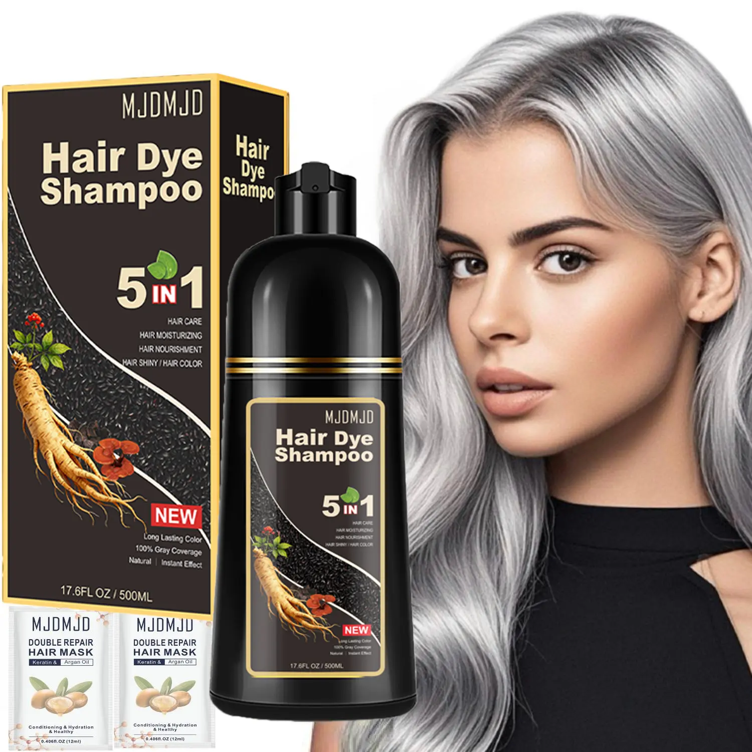 Instant Silver Gray Hair Dye Shampoo for Gray Hair 5 in 1,Includes 2 Free Hair Mask Sachets,Natural Silver Gray Hair Color Shampoo in 10-15 mins,Champu Para Pintar el Pelo,Haircare Salon,Haircare