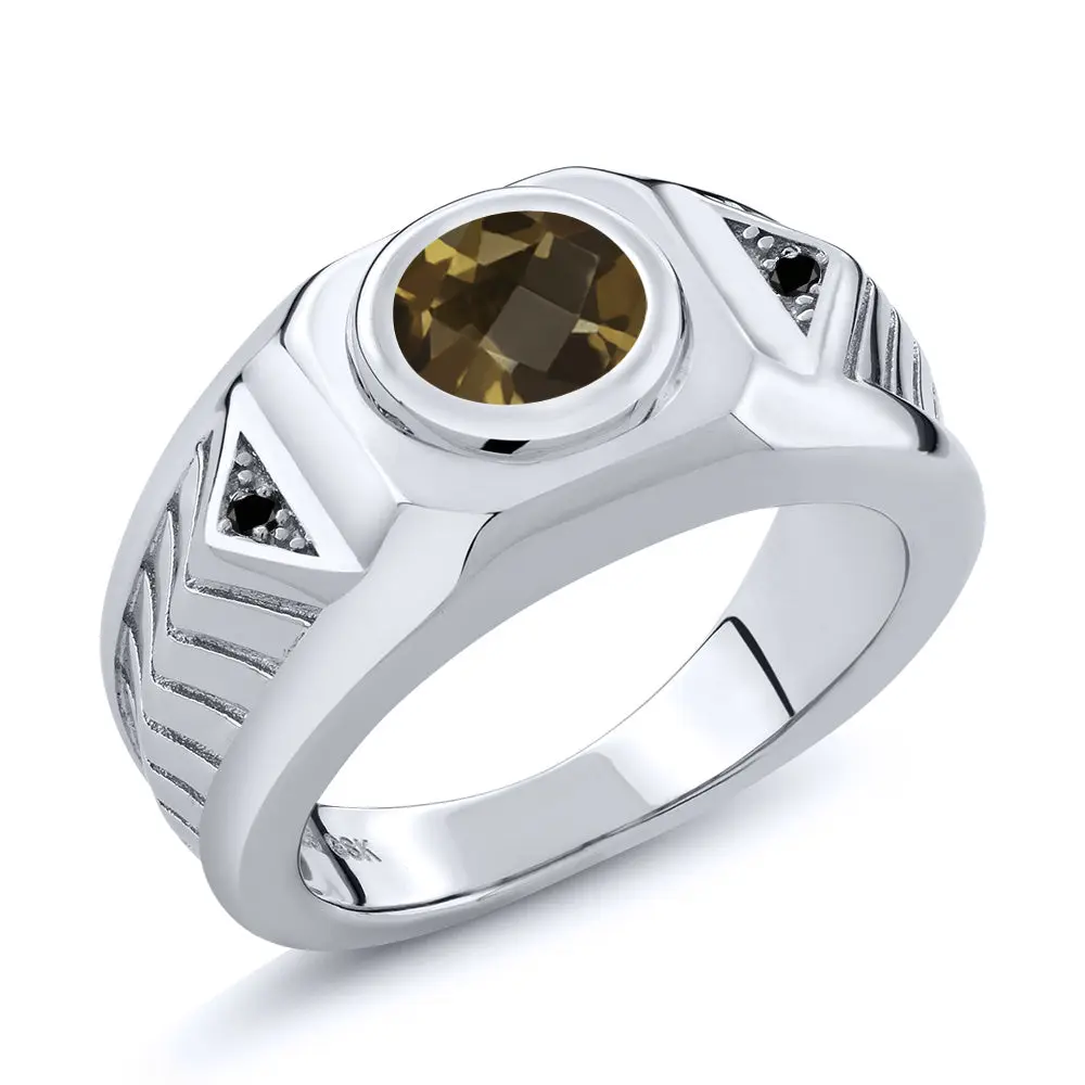 Men's 925 Sterling Silver Gemstone Birthstone and Black Diamond Ring For Men | Round 8MM | Available in Size 7, 8, 9, 10, 11, 12, 13