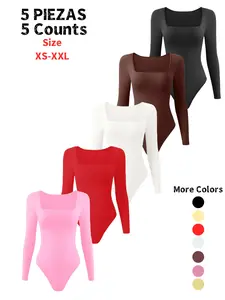 Women's Plain Long Sleeve Shapewear Bodysuit, Thong Design, Square Neck Slimming Tummy Control, Ladies Underwear & Shapewear